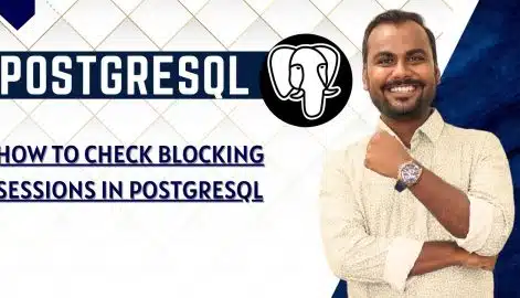 , featuring a smiling instructor beside the PostgreSQL elephant logo