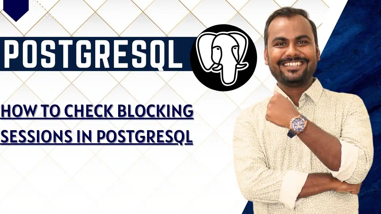 , featuring a smiling instructor beside the PostgreSQL elephant logo