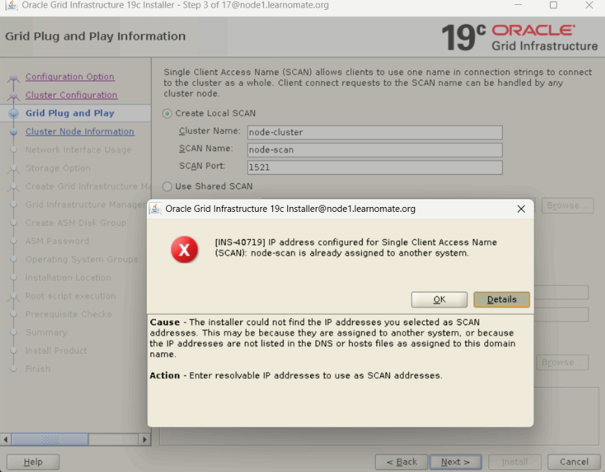 [INS-10201] Execution of 'GI Install' script failed